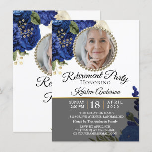 Invitation Blue Floral Elégant Photo Retraite Party