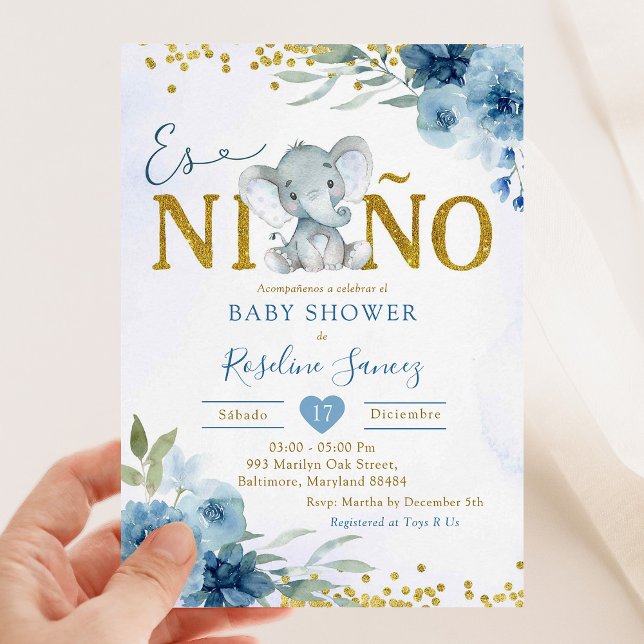 Invitation Blue Floral Elephant Es niñ o Boy Baby shower (Créateur téléchargé)