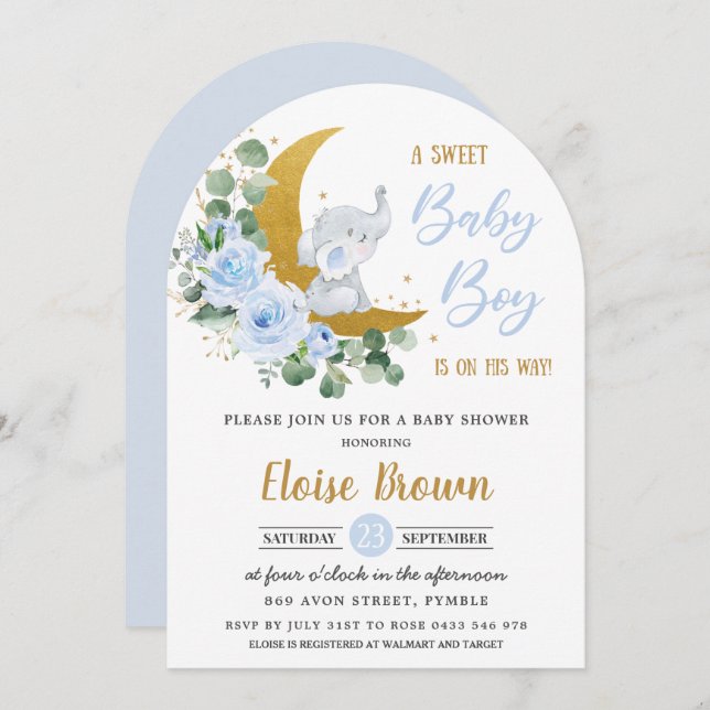 Invitation Blue Floral Elephant Moon Baby Boy Douche Arch (Devant / Derrière)