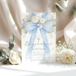 Invitation Blue Floral Eucalyptus Bow Boy Baptism