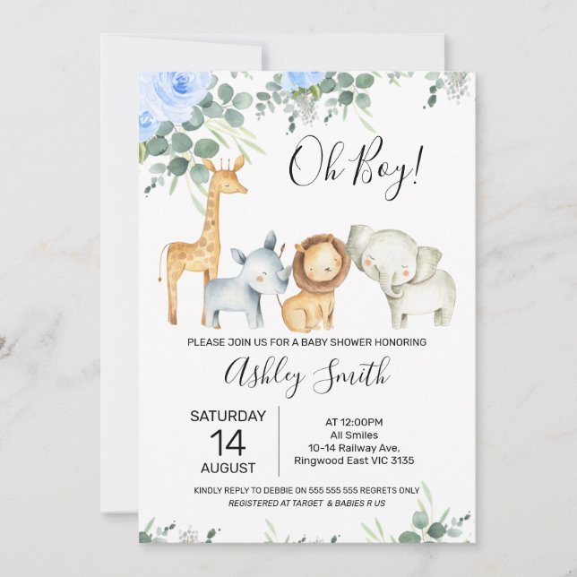 Invitation Blue Floral Eucalyptus Cute Baby shower Safari (Devant)