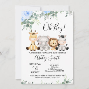 Invitation Blue Floral Eucalyptus Four Safari Baby shower