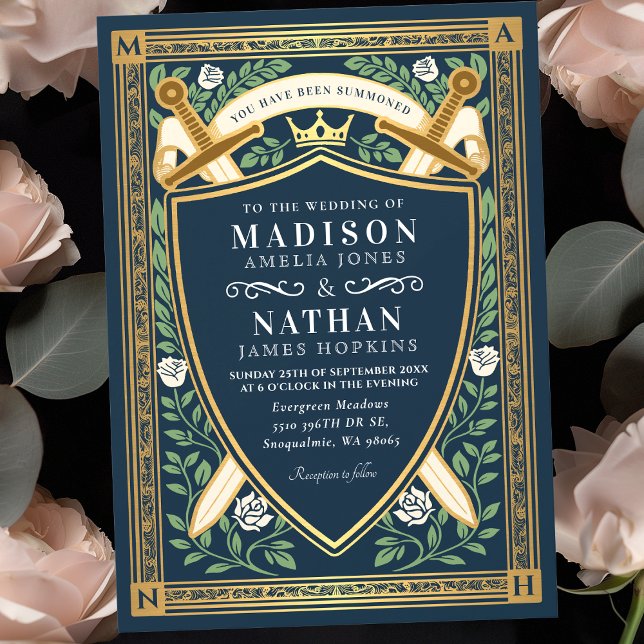 Invitation Blue Floral Fantasy Swords Shield Monogram Wedding (Créateur téléchargé)