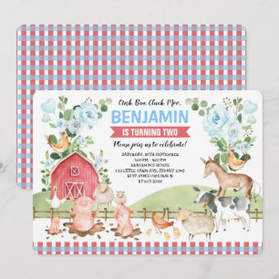 Invitation Blue Floral Farm Animals Barnyard Birthday Party