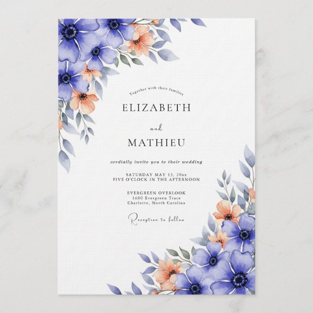 Invitation Blue Floral Flourish Wedding (Devant)
