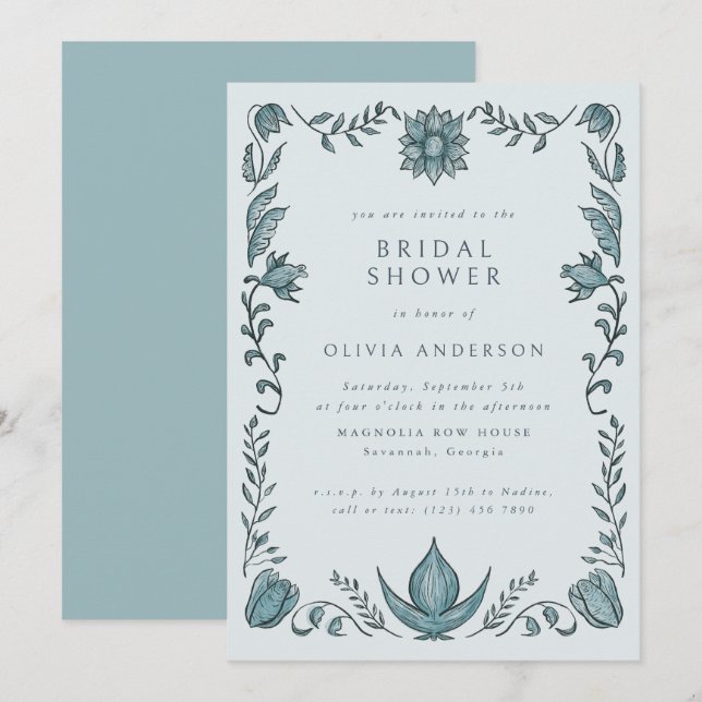 Invitation Blue Floral Frame Spring Summer Bridal Shower (Devant / Derrière)