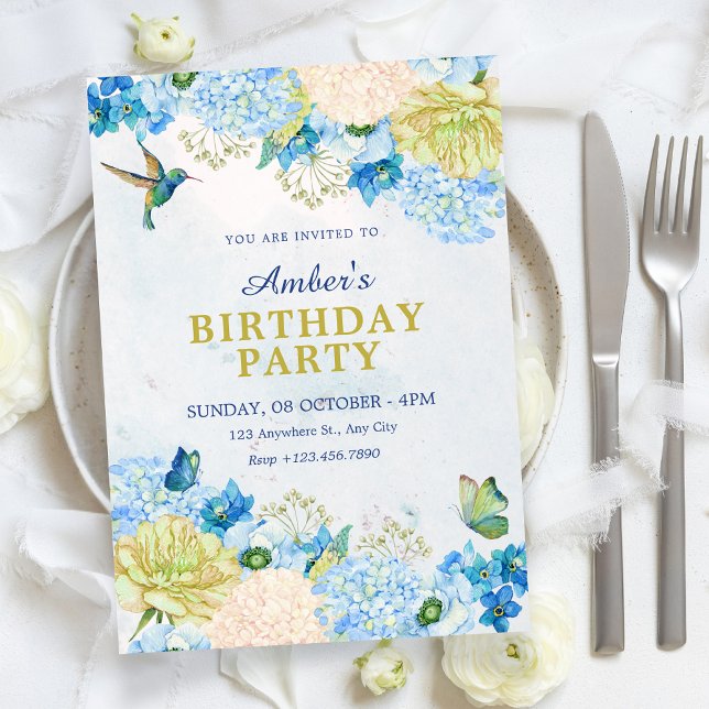 Invitation Blue floral garden birthday (Créateur téléchargé)