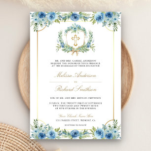 Invitation Blue Floral Gold Croix catholique QR Code Mariage