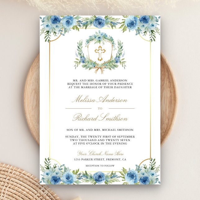 Invitation Blue Floral Gold Croix catholique QR Code Mariage (Créateur téléchargé)