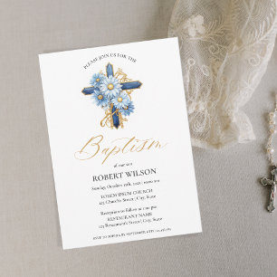 Invitation Blue Floral Gold Cross Garçon baptême baptême de b