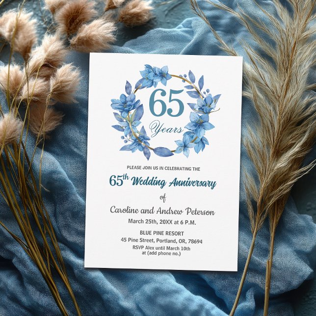 Invitation  Blue Floral Gold Frame 65th Wedding Anniversary  (Créateur téléchargé)