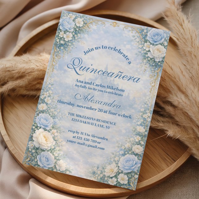 Invitation Blue Floral Gold Garden Quinceañera (Créateur téléchargé)