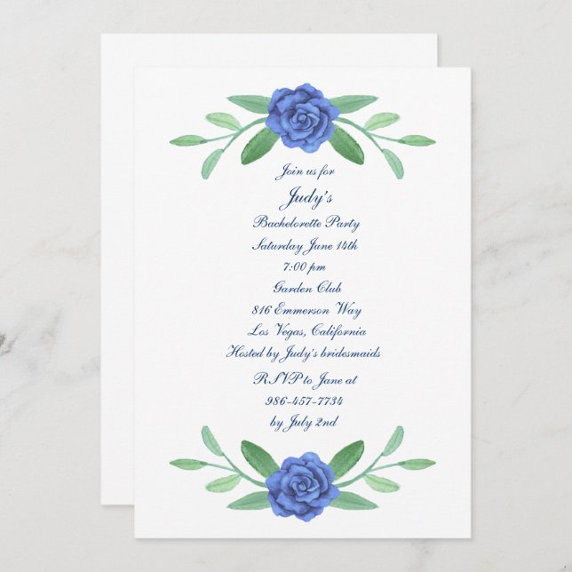 Invitation Blue Floral Green Foliage Bachelorette Party (Devant / Derrière)