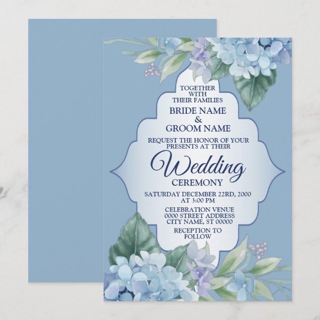 Invitation Blue Floral Green Leaves Frame Elegant Wedding (Devant / Derrière)