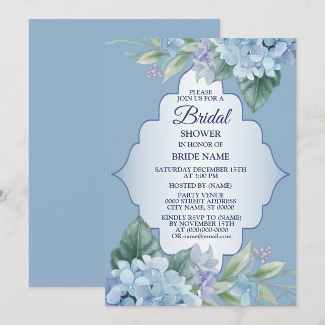 Invitation Blue Floral Green Leaves Wedding Bridal Shower (Devant / Derrière)