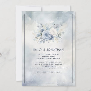 Invitation Blue Floral Grey Aquarelle Mariage Soirée Invitati