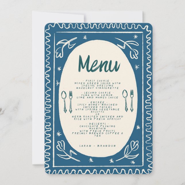 Invitation Blue Floral Handwriting Modern Mariage Menu Invi (Devant)