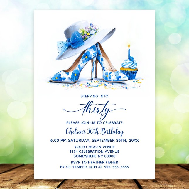 Invitation Blue Floral High Heel Shoes 30th Birthday Party (Créateur téléchargé)