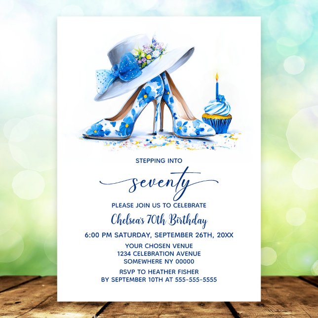 Invitation Blue Floral High Heel Shoes 70th Birthday Party (Créateur téléchargé)