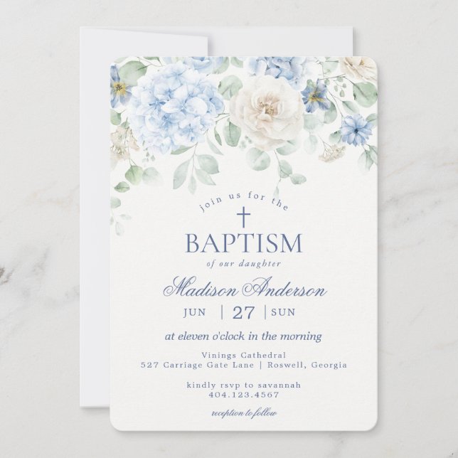 Invitation Blue Floral Hydrangea Botanical Blooms Baptême (Devant)