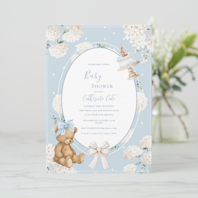 Invitation Blue Floral Hydrangea Elegant Bear Baby Shower (Debout devant)