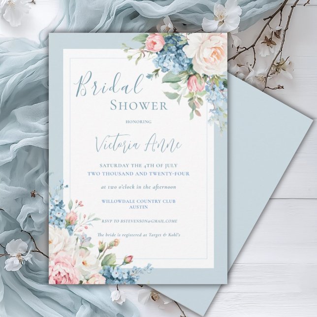 Invitation Blue Floral Hydrangea Élégante Fête des mariées (Créateur téléchargé)