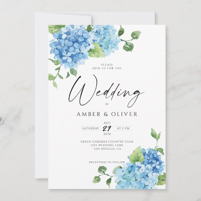 Invitation Blue Floral Hydrangeas Elégant Dusty Blue Mariage (Devant)