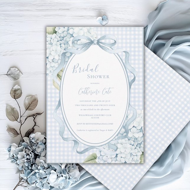 Invitation Blue Floral Hydrangeas Gingham Whimsical Bridal (Créateur téléchargé)