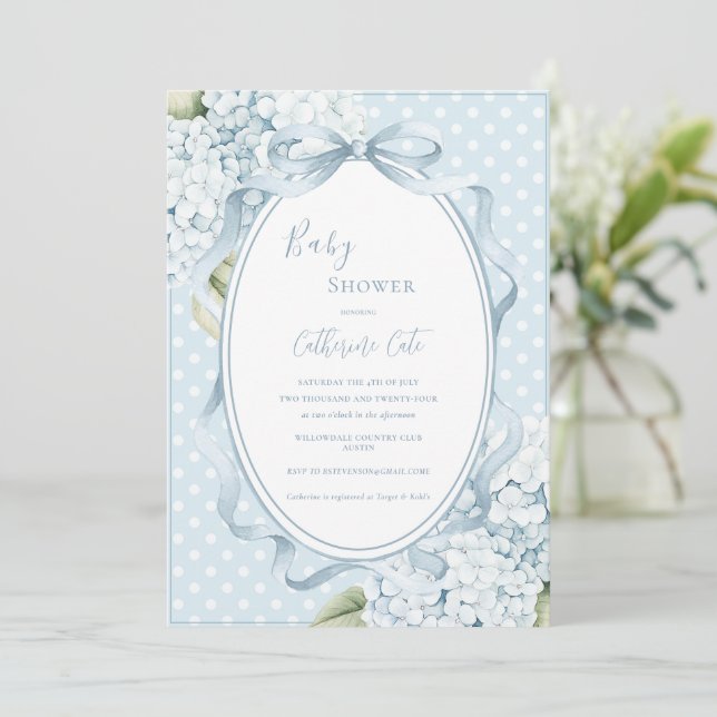 Invitation Blue Floral Hydrangeas Whimsical Baby Shower  (Debout devant)