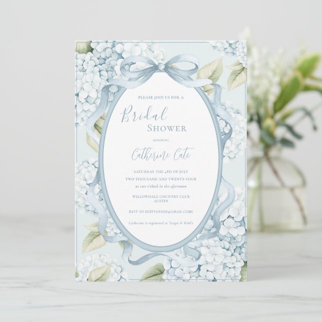 Invitation Blue Floral Hydrangeas Whimsical Bridal (Debout devant)