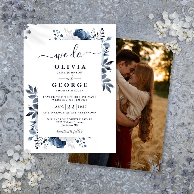 Invitation Blue Floral Intimate Private Mariage Photo (Blue Floral Intimate Private Wedding Photo Invitation)