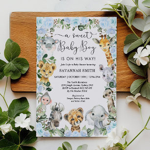 Invitation Blue Floral Jungle Safari Animaux Baby shower Garç