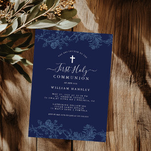 Invitation Blue Floral Leaf Boys Première Communion
