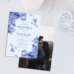 Invitation Blue Floral Lotus Chinoiserie avec Mariage photo