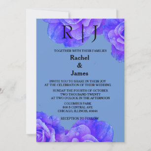 Invitation Blue Floral Monogramme Élégant Rose Fleurs Mariage