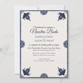 Invitation Blue Floral Otomi Simple Fiesta Spanish Wedding