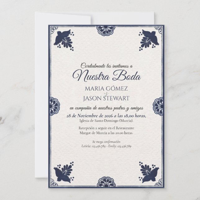 Invitation Blue Floral Otomi Simple Fiesta Spanish Wedding (Devant)