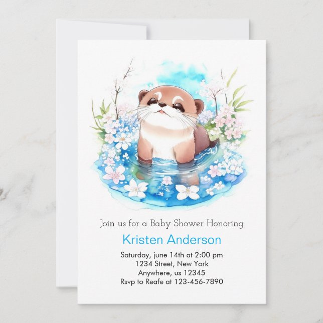 Invitation Blue Floral Otter Meadow Boy Baby shower (Devant)