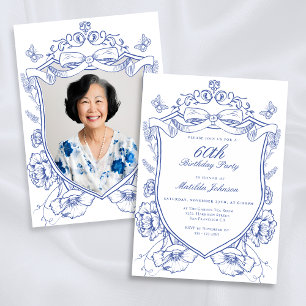 Invitation Blue Floral Photo personnalisée 60e fête d'anniver