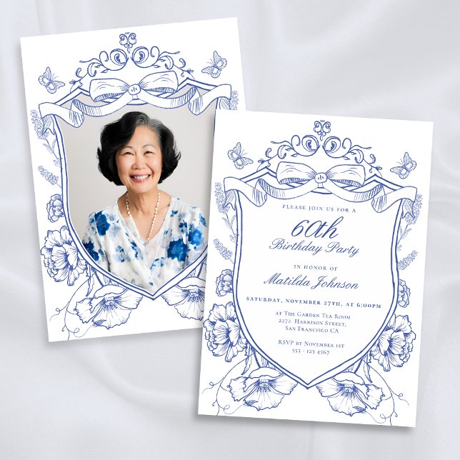 Invitation Blue Floral Photo personnalisée 60e fête d'anniver (Blue Floral Custom Photo 60th Birthday Party Invitation)