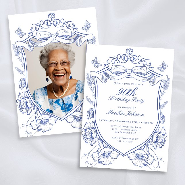 Invitation Blue Floral Photo personnalisée 90e fête d'anniver (Blue Floral Custom Photo 90th Birthday Party Invitation)