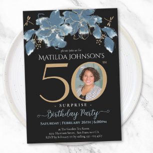 Invitation Blue Floral Photo Surprise 50e fête d'anniversaire