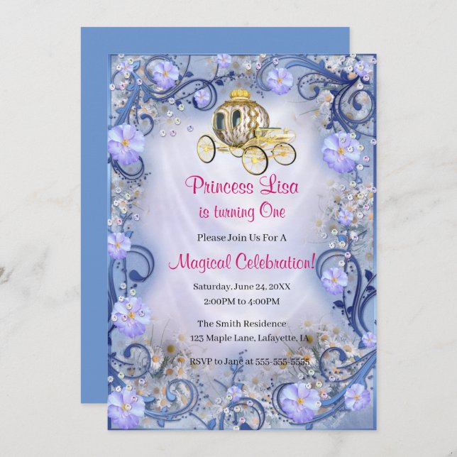 Invitation Blue Floral Princess Enchantée 1er anniversaire (Devant / Derrière)