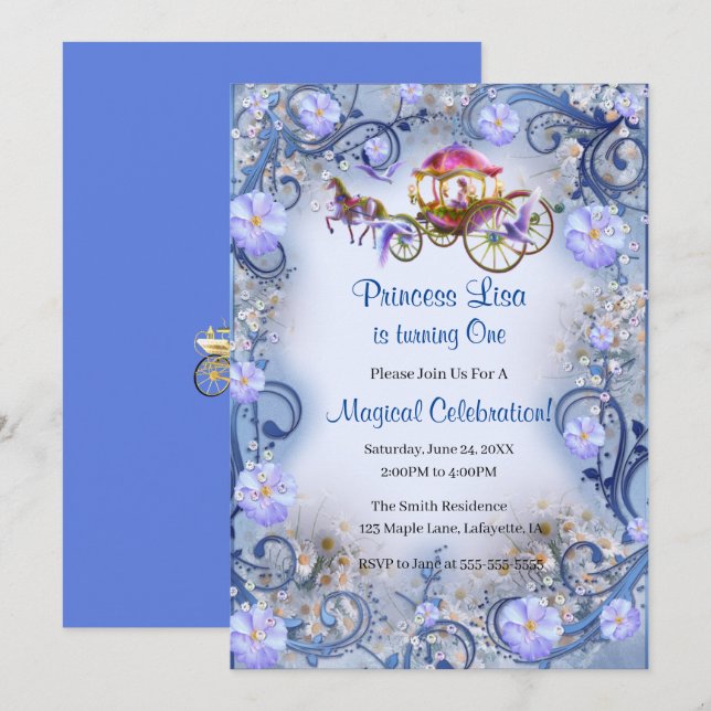 Invitation Blue Floral Princess Fairy Tail 1er anniversaire (Devant / Derrière)