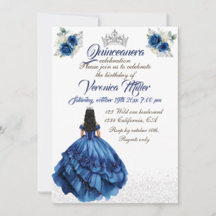 Invitation Blue Floral Princess Fille fête d'anniversaire