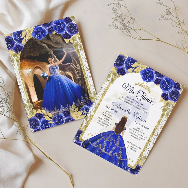 Invitation Blue Floral Princess Gold Arch Quinceanera Photo (Créateur téléchargé)