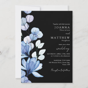 Invitation Blue Floral QR Code noir et blanc Mariage