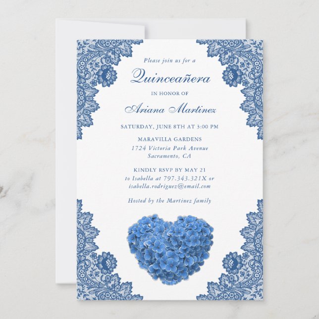 Invitation Blue Floral Quinceañera 15e anniversaire Invitatio (Devant)