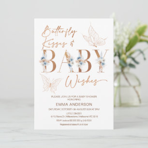 Invitation Blue Floral Rose Gold Butterfly baisers Baby showe
