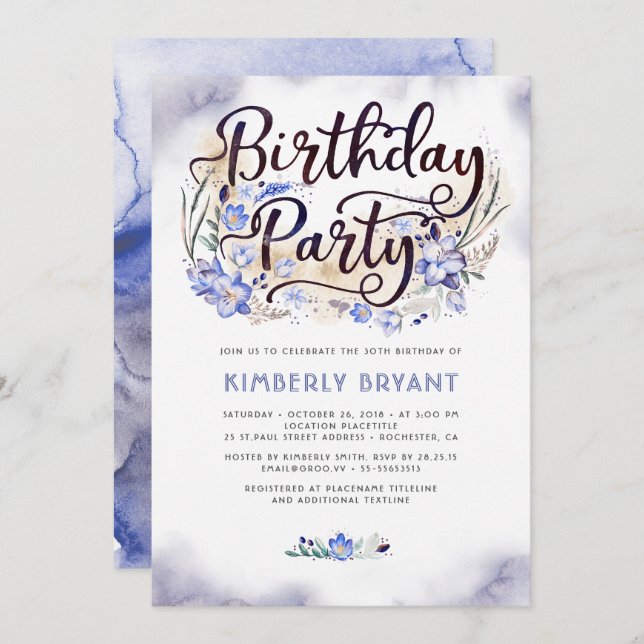 Invitation Blue Floral Script Aquarelle fête d'anniversaire (Devant / Derrière)